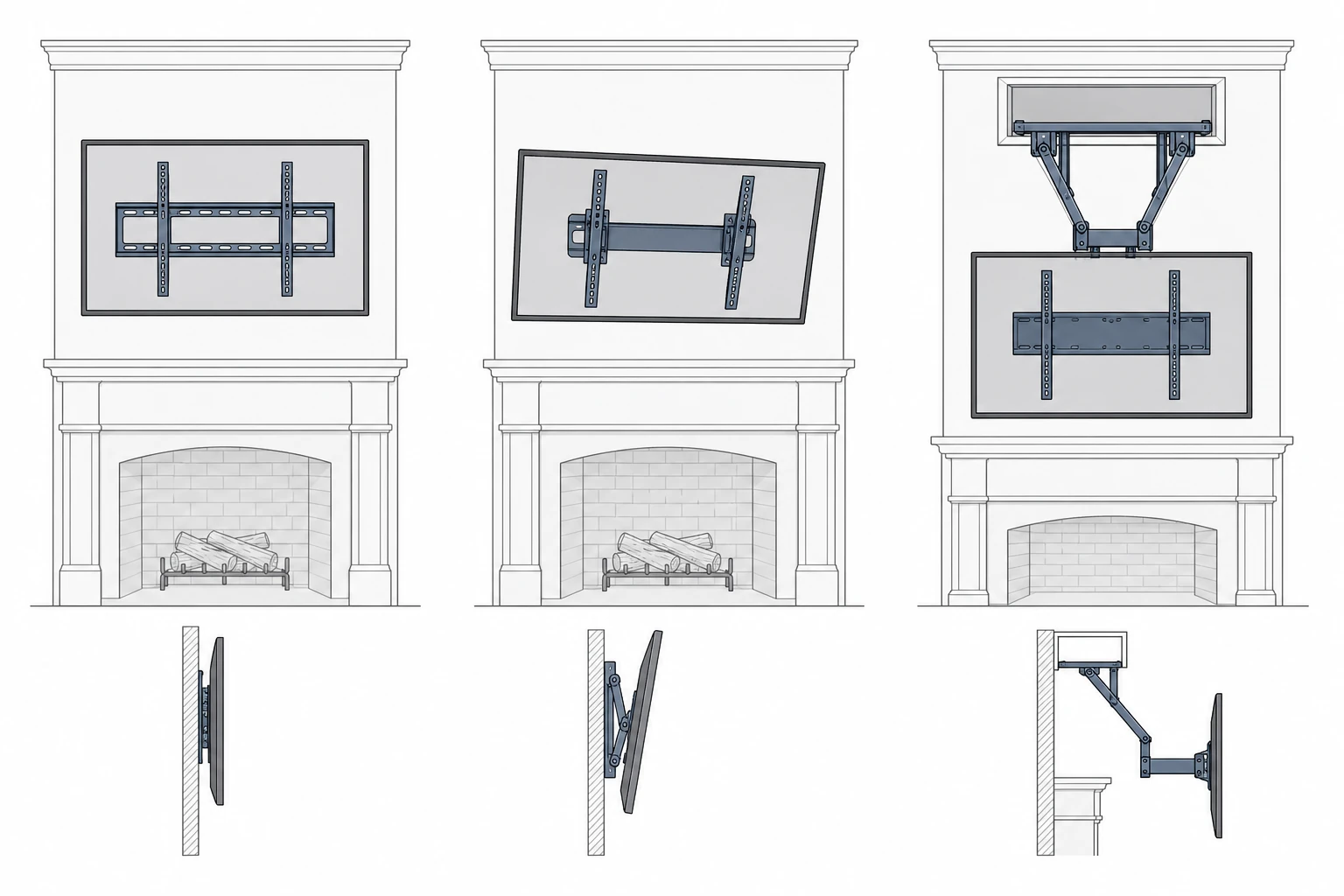 Three fireplace TV mount types: fixed, tilt, and pull-down articulating