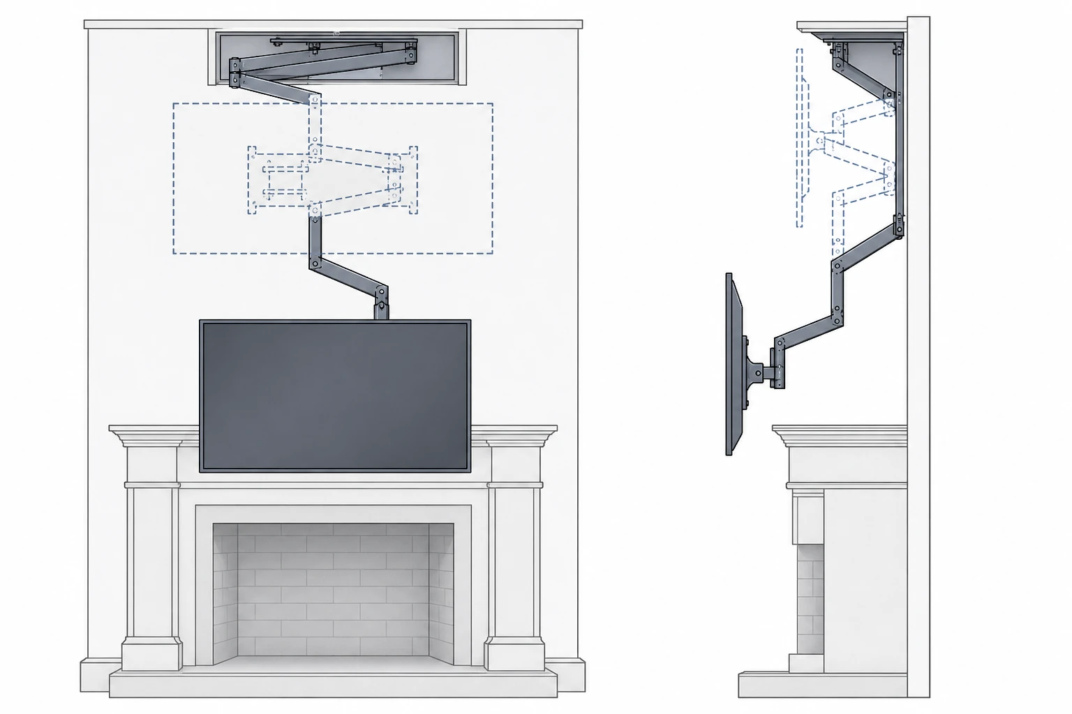 Pull-down fireplace TV mount showing retracted and extended positions
