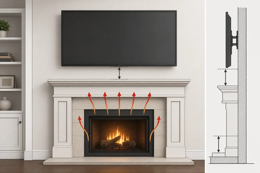 Safe TV mount clearance above a fireplace with heat radiation gaps