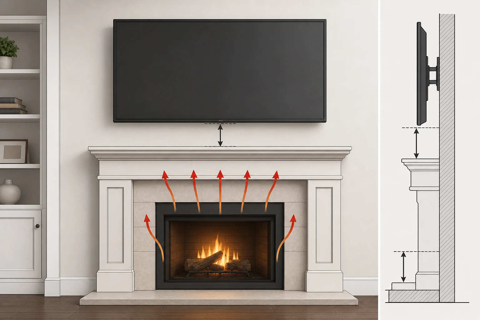 Safe TV mount clearance above a fireplace with heat radiation gaps