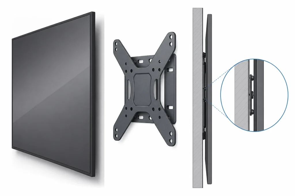 Low profile TV wall mount side view showing ultra thin flush gap to wall