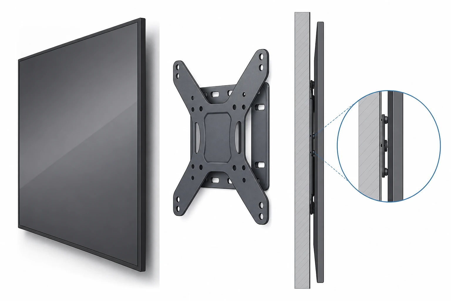 Low profile TV wall mount side view showing ultra thin flush gap to wall