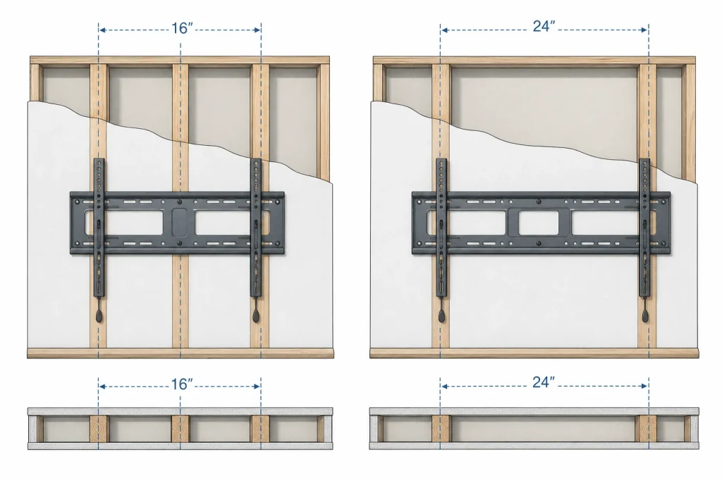 Comparison diagram of 16-inch vs 24-inch stud spacing for TV wall mounts