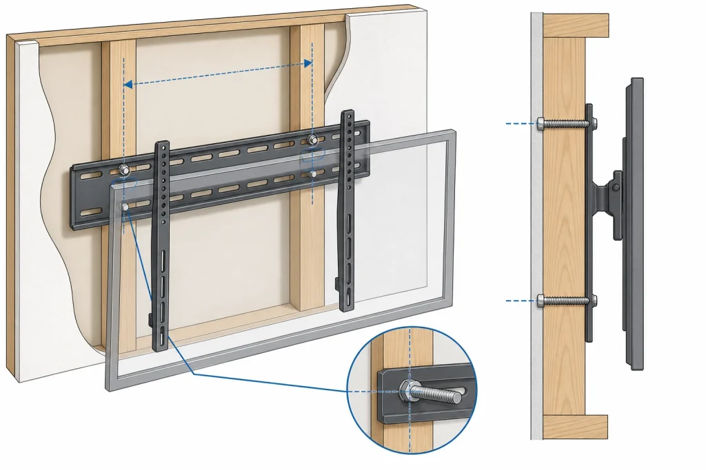 TV wall mount installation on 24-inch wide stud spacing cross-section