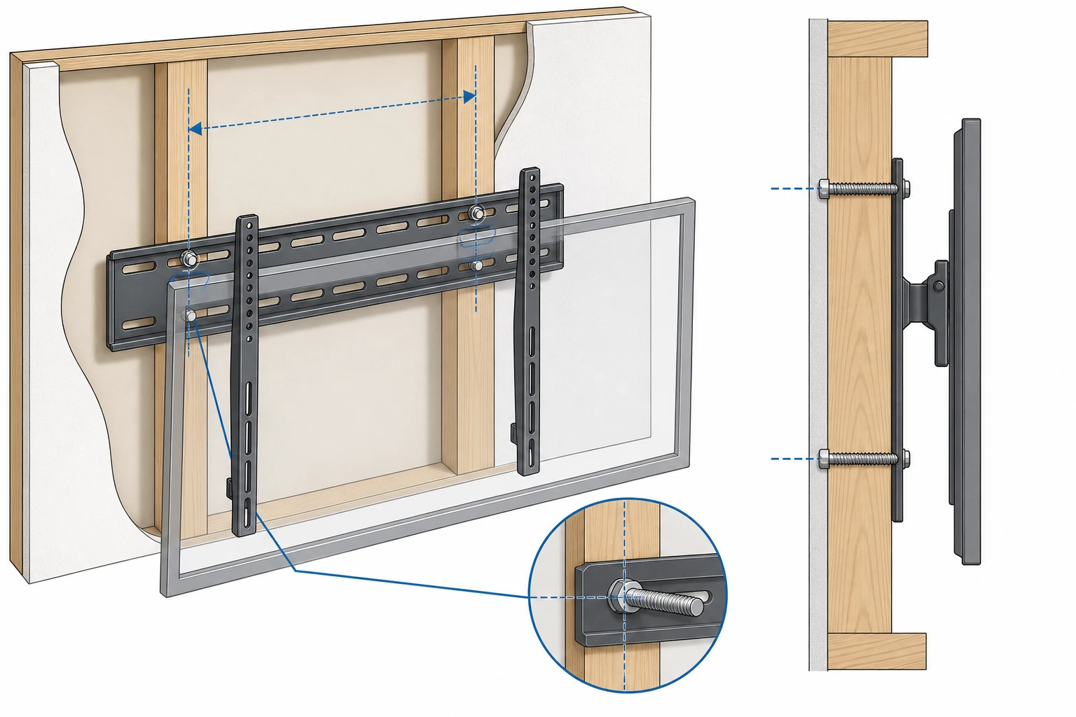 TV wall mount installation on 24-inch wide stud spacing cross-section