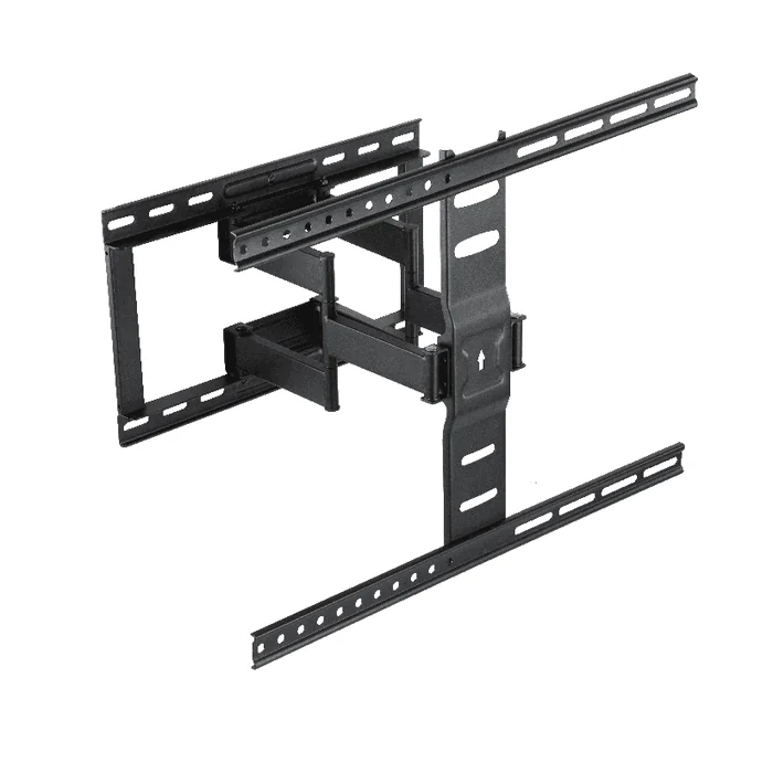 Ultra thin full motion TV mount holding a panel close to the wall in its retracted position